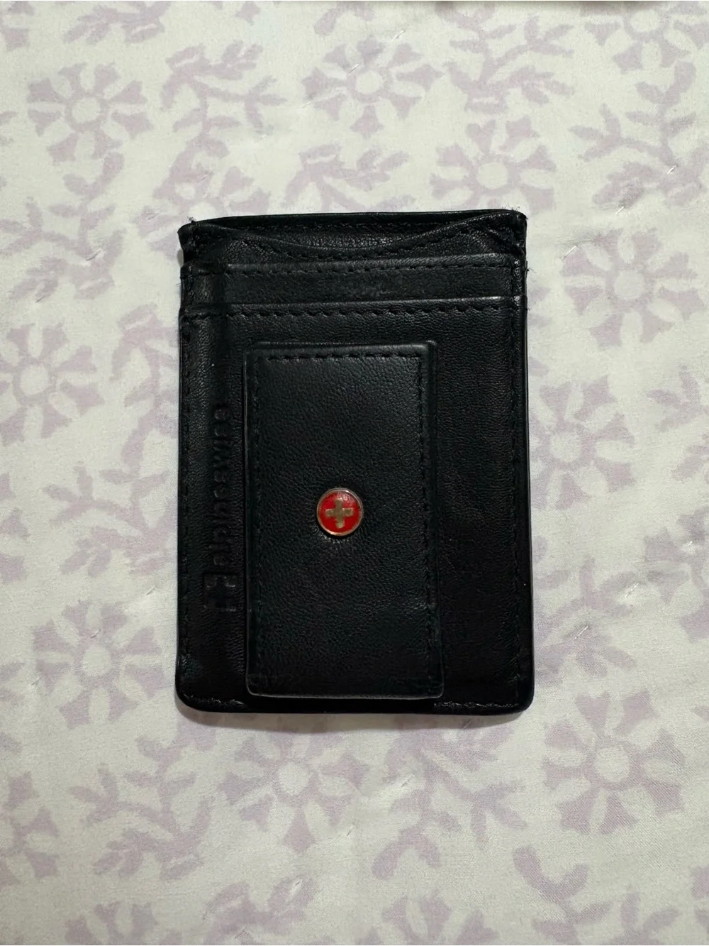 Alpine Swiss Black Leather Card Sleeve with Red Cross Accent